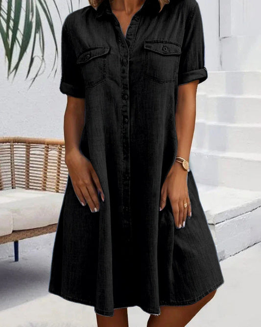 Damen Kleid | Knopfleiste Kragen Taschen