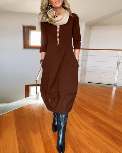 Damen Kleid | Rundhals Langarm Midi