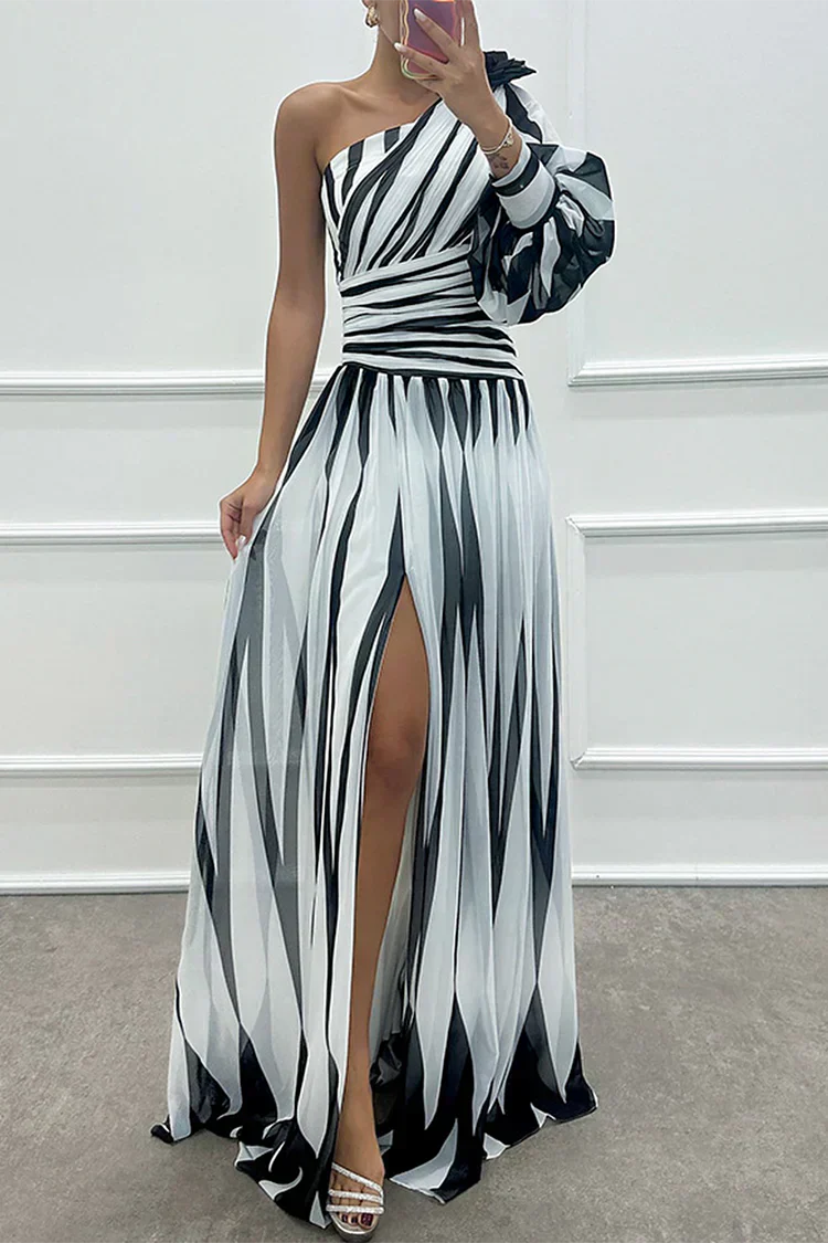 Damen Abendkleid | One-Shoulder Streifen Maxi