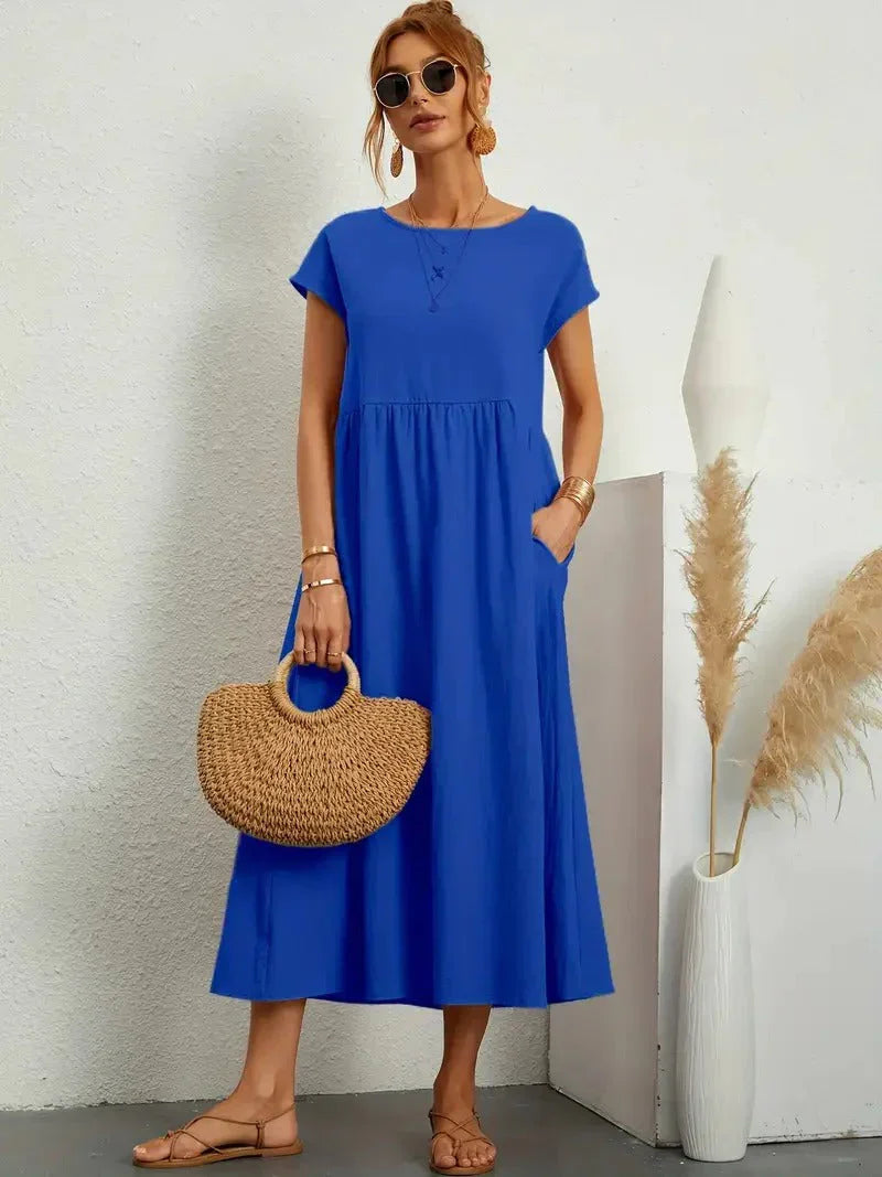 Damen Kleid | Rundhals Taschen Midi