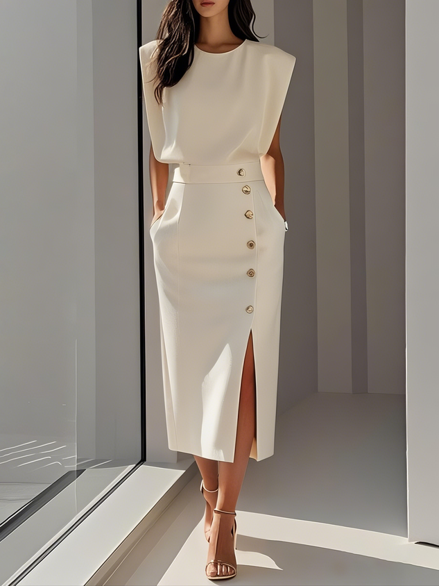 Damen Kleid | Ärmelloses Midi mit Knöpfen