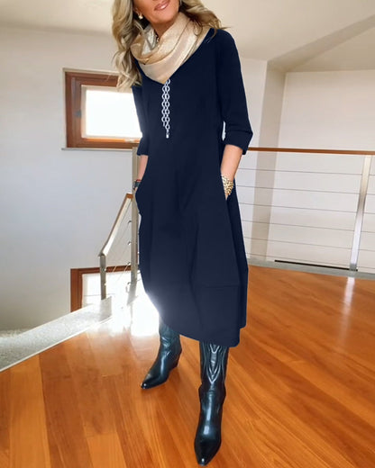Damen Kleid | Rundhals Langarm Midi