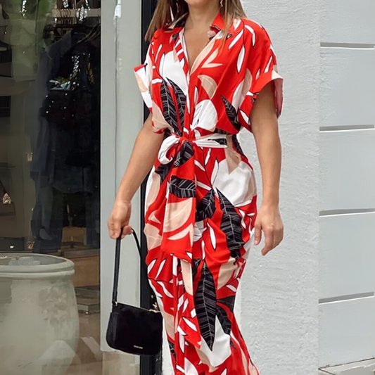 Damen Kleid | Blättermuster Bindegürtel Midi