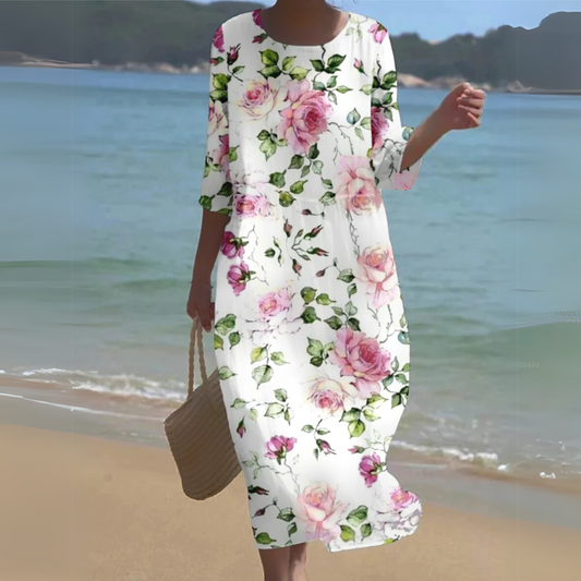 Damen Kleid | Blumenmuster Rundhals Midi
