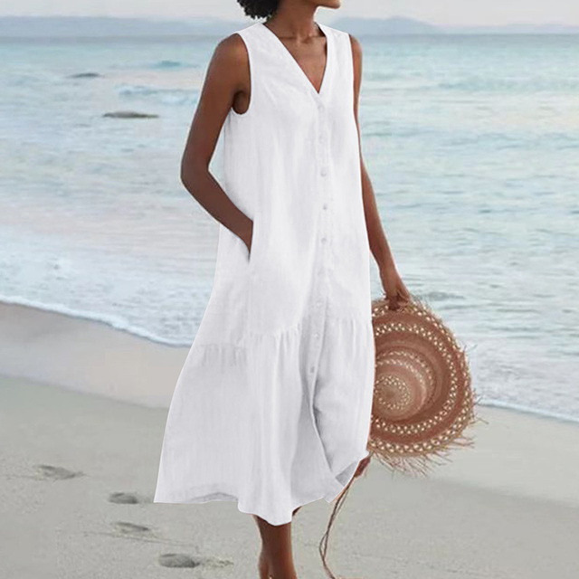 Damen Kleid | Ärmellos Knopfleiste Midi
