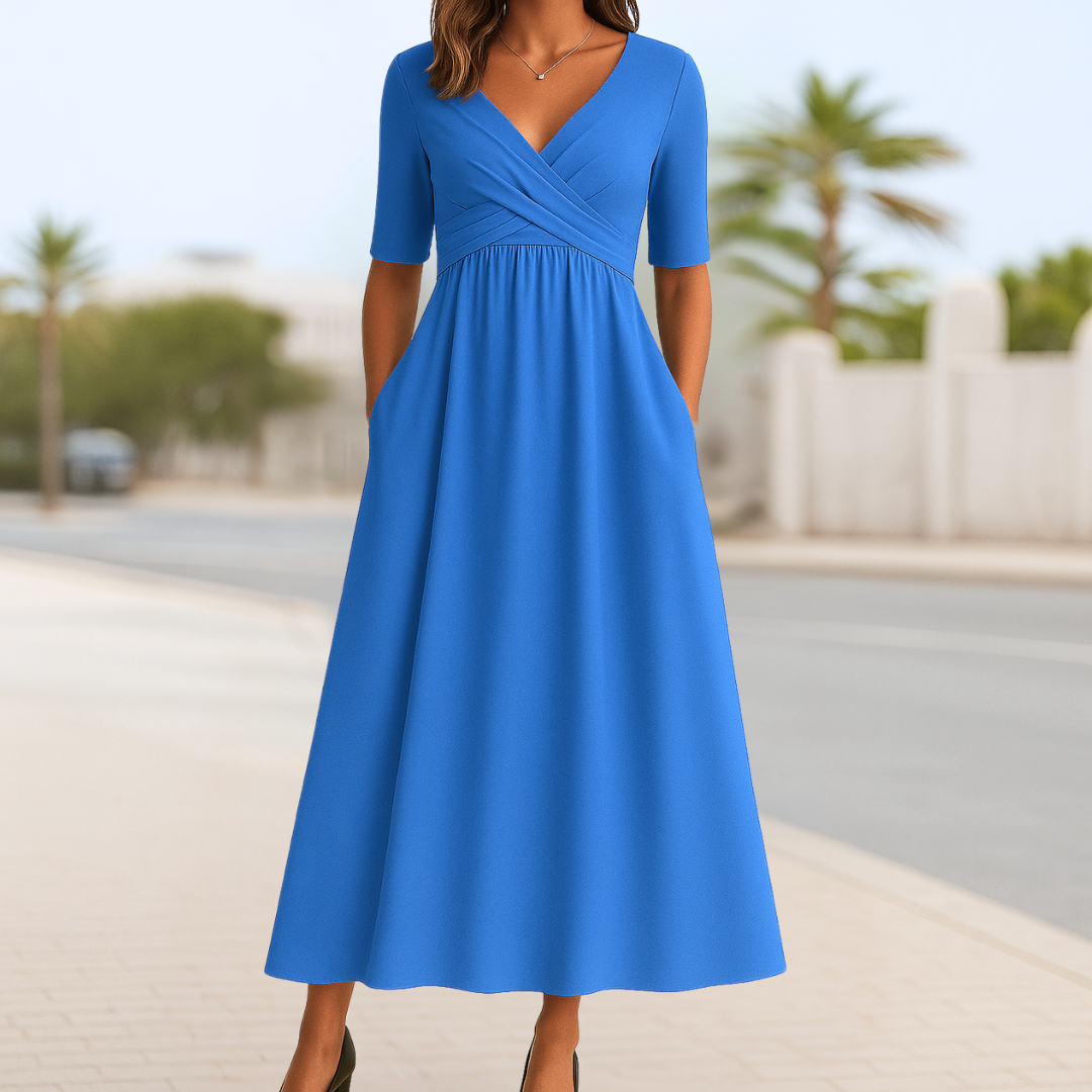 Damen Kleid | Wickeloptik V-Ausschnitt Midi