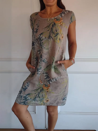 Damen Kleid | Blumenmuster Rundhals Kurzarm
