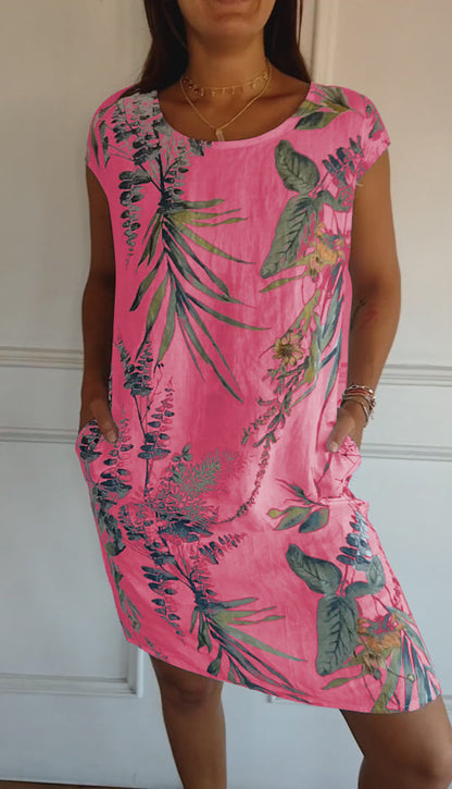 Damen Kleid | Blumenmuster Rundhals Kurzarm