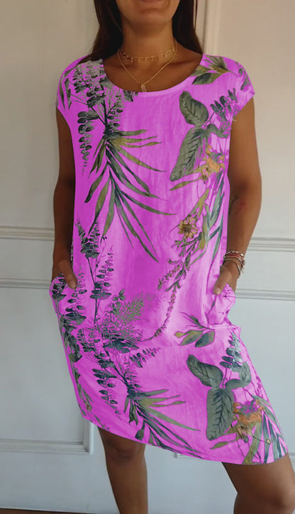Damen Kleid | Blumenmuster Rundhals Kurzarm