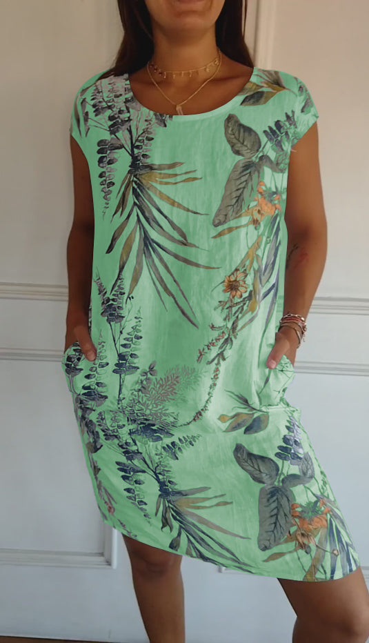 Damen Kleid | Blumenmuster Rundhals Kurzarm