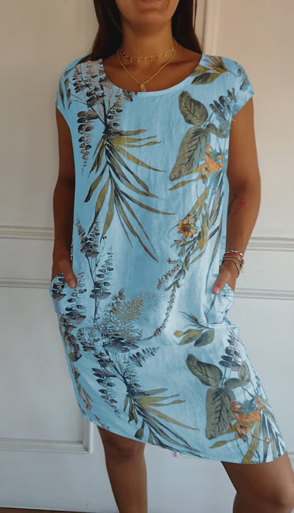 Damen Kleid | Blumenmuster Rundhals Kurzarm