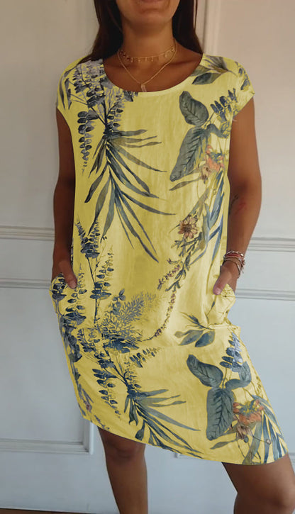 Damen Kleid | Blumenmuster Rundhals Kurzarm