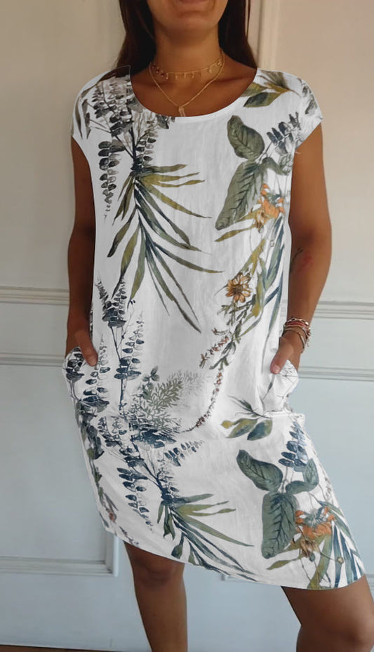 Damen Kleid | Blumenmuster Rundhals Kurzarm