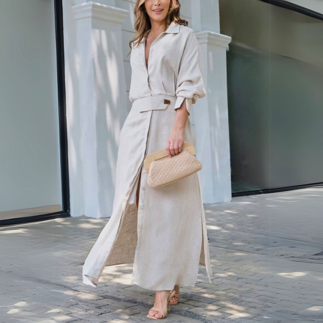 Damen Kleid | Hemdkragen Knopfleiste Maxi