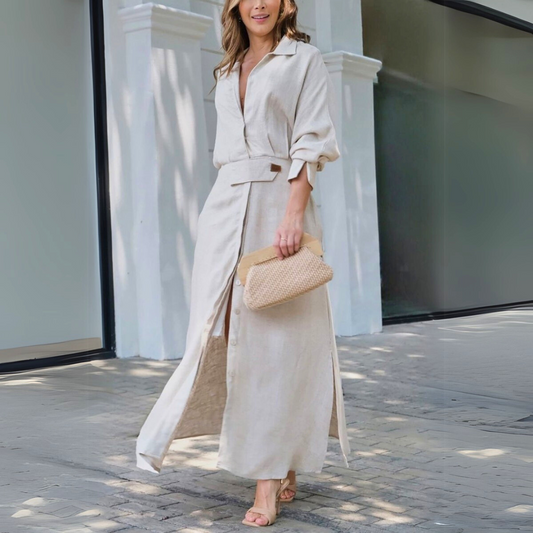 Damen Kleid | Hemdkragen Knopfleiste Maxi