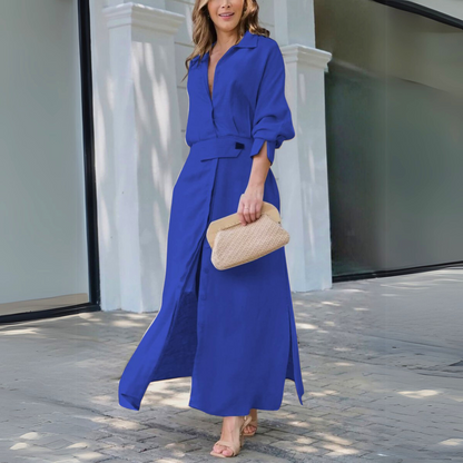 Damen Kleid | Hemdkragen Knopfleiste Maxi