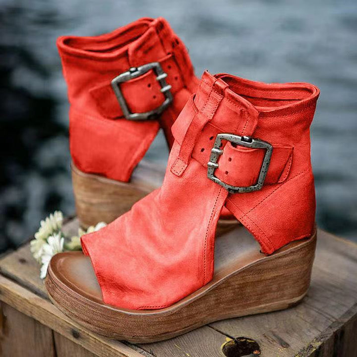 Damen Sandalen | Keilsohle Knöchelriemen Offen