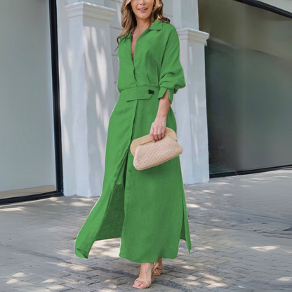 Damen Kleid | Hemdkragen Knopfleiste Maxi