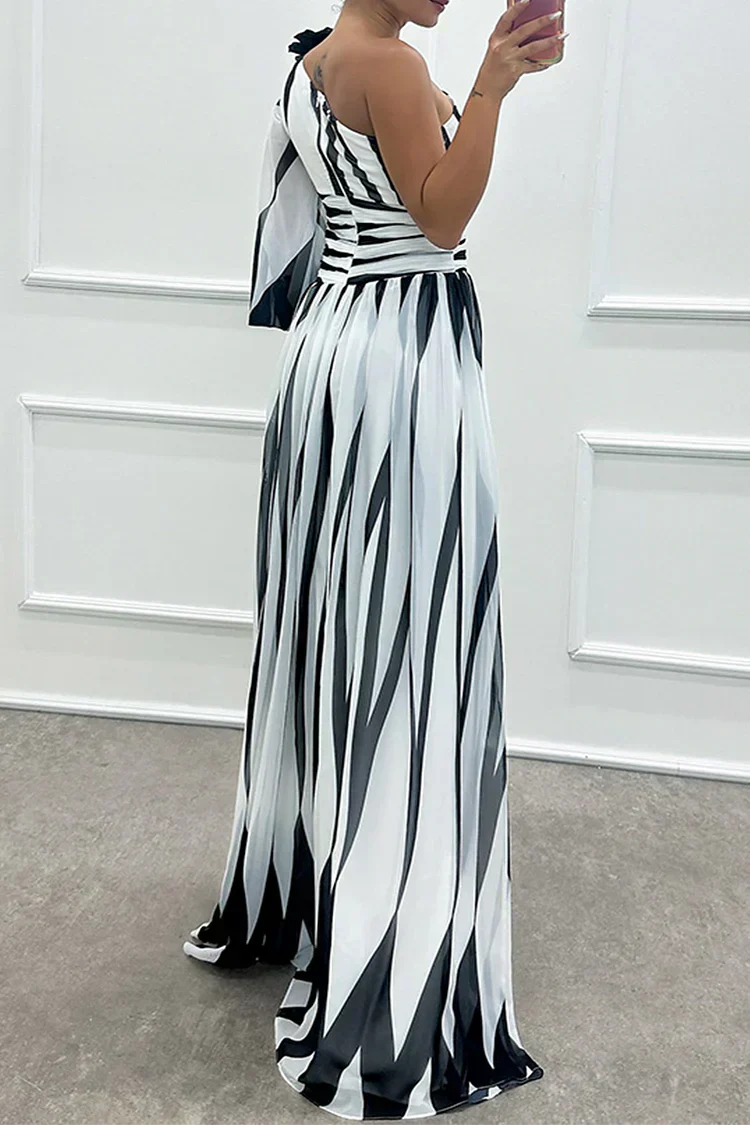 Damen Abendkleid | One-Shoulder Streifen Maxi