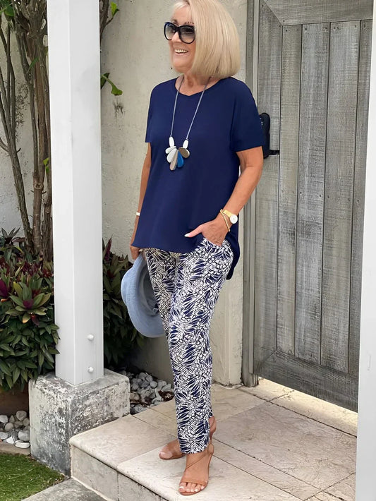 Damen Zweiteiler | Kurzarmshirt und Gemusterte Hose