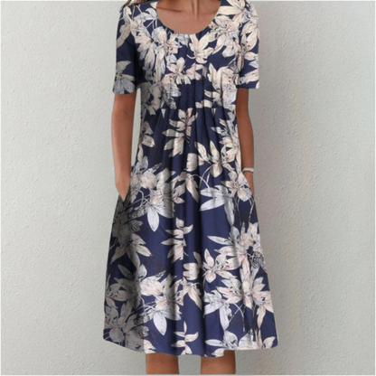 Damen Kleid | Blumenmuster Kurzarm mit Taschen