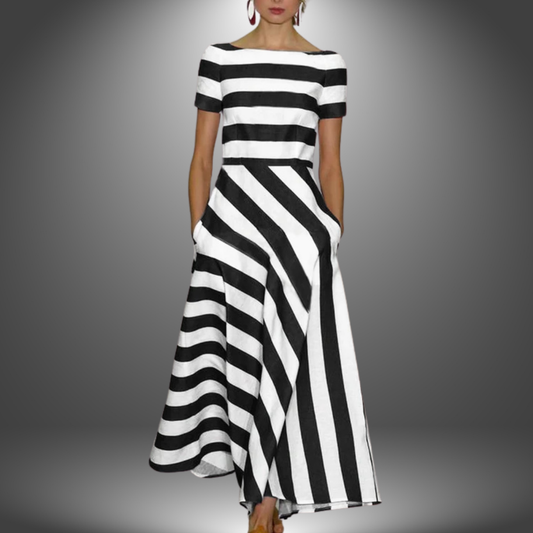 Damen Kleid | Streifen Kurzarm Maxi