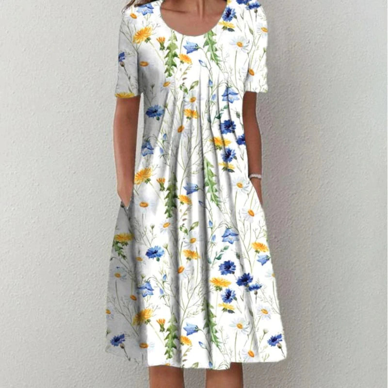 Damen Kleid | Blumenmuster Kurzarm mit Taschen