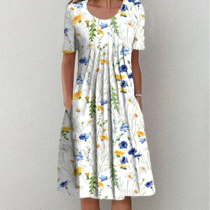 Damen Kleid | Blumenmuster Kurzarm mit Taschen