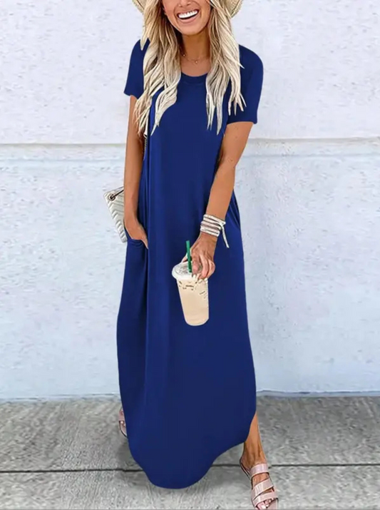 Damen Kleid | Rundhals Kurzarm Maxi
