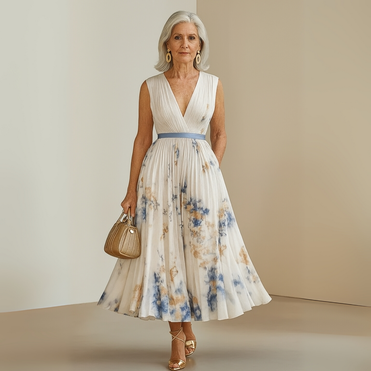 Damen Kleid | Plissee V-Ausschnitt Maxi
