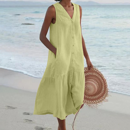 Damen Kleid | Ärmellos Knopfleiste Midi