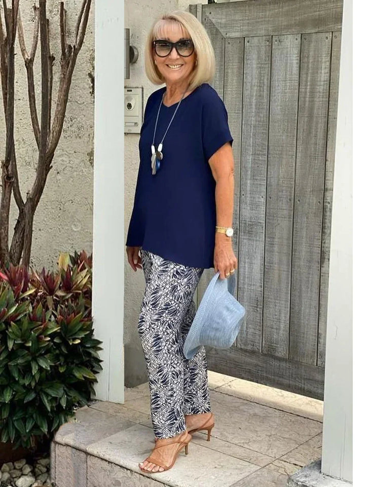 Damen Zweiteiler | Kurzarmshirt und Gemusterte Hose
