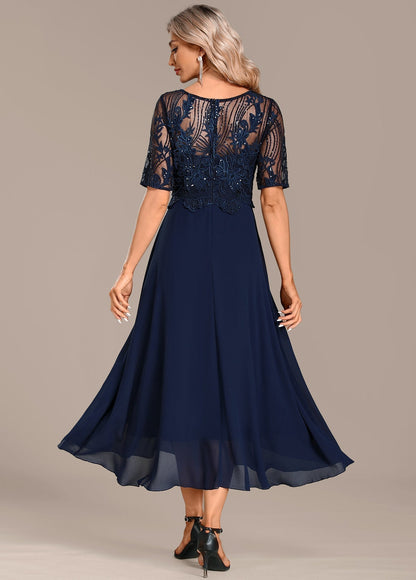 Damen Kleid | Spitze Stil Rundhals Midi