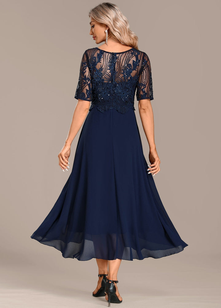 Damen Kleid | Spitze Stil Rundhals Midi
