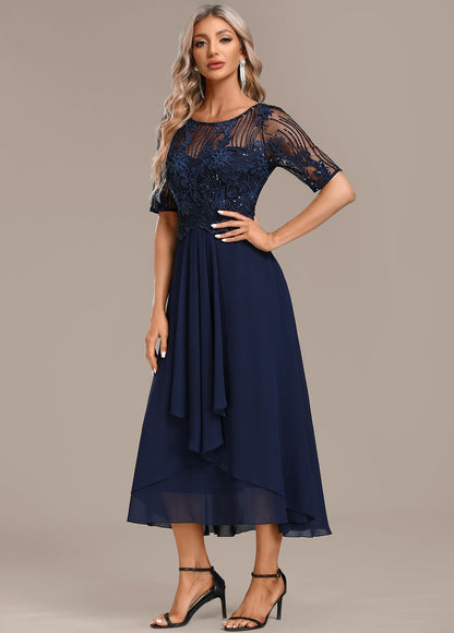 Damen Kleid | Spitze Stil Rundhals Midi