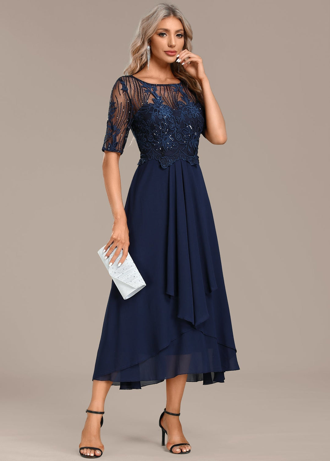 Damen Kleid | Spitze Stil Rundhals Midi