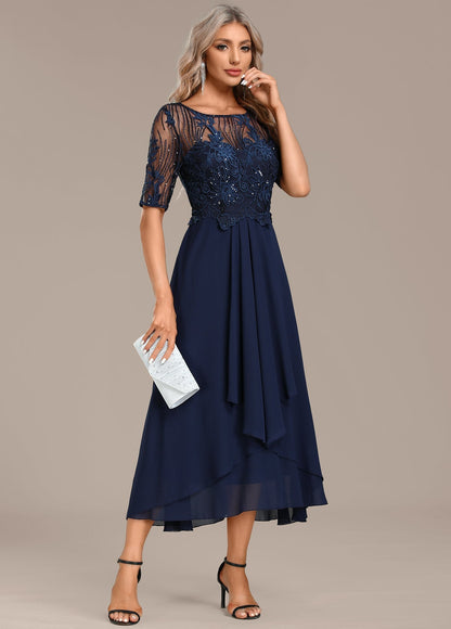 Damen Kleid | Spitze Stil Rundhals Midi