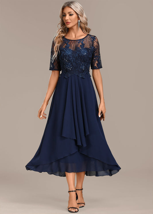 Damen Kleid | Spitze Stil Rundhals Midi