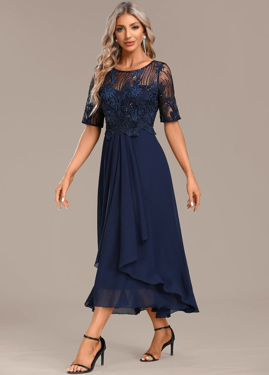 Damen Kleid | Spitze Stil Rundhals Midi