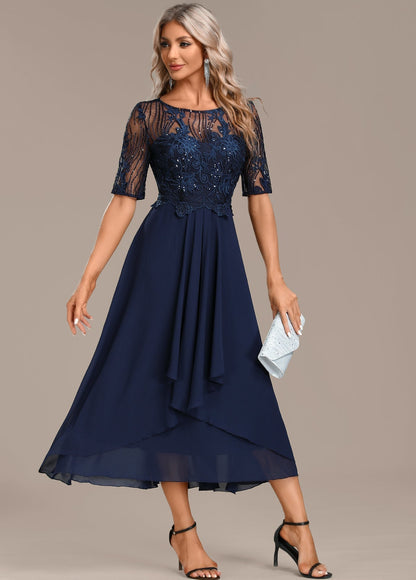 Damen Kleid | Spitze Stil Rundhals Midi