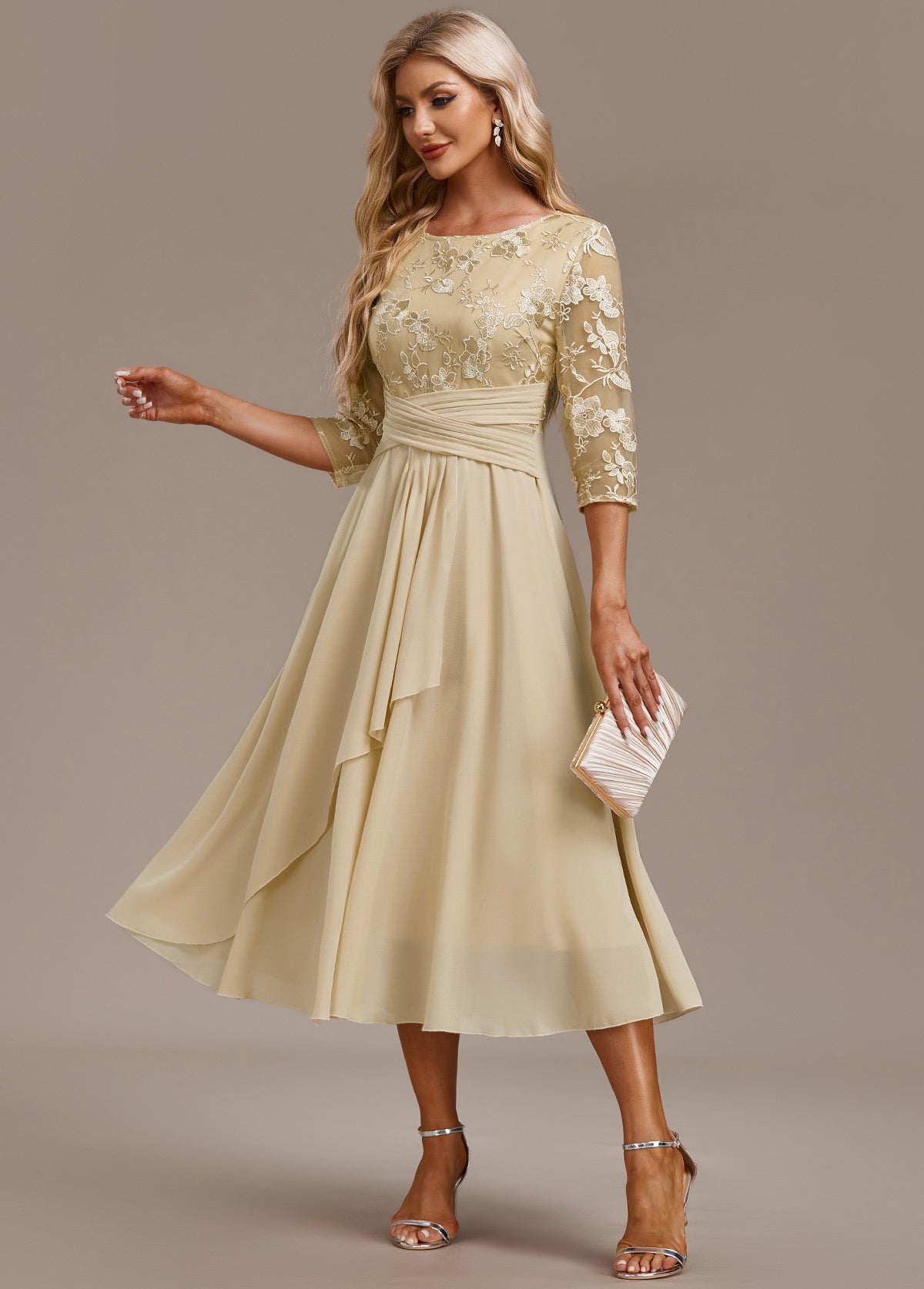 Damen Kleid | Stickerei Rundhals Midi