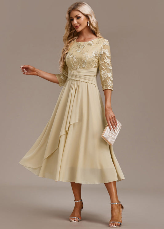 Damen Kleid | Stickerei Rundhals Midi