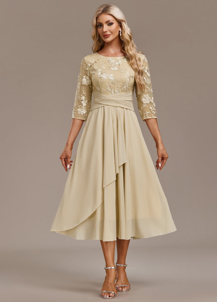 Damen Kleid | Stickerei Rundhals Midi