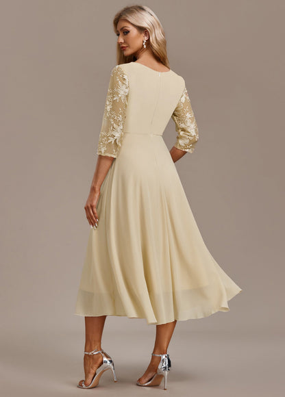 Damen Kleid | Stickerei Rundhals Midi