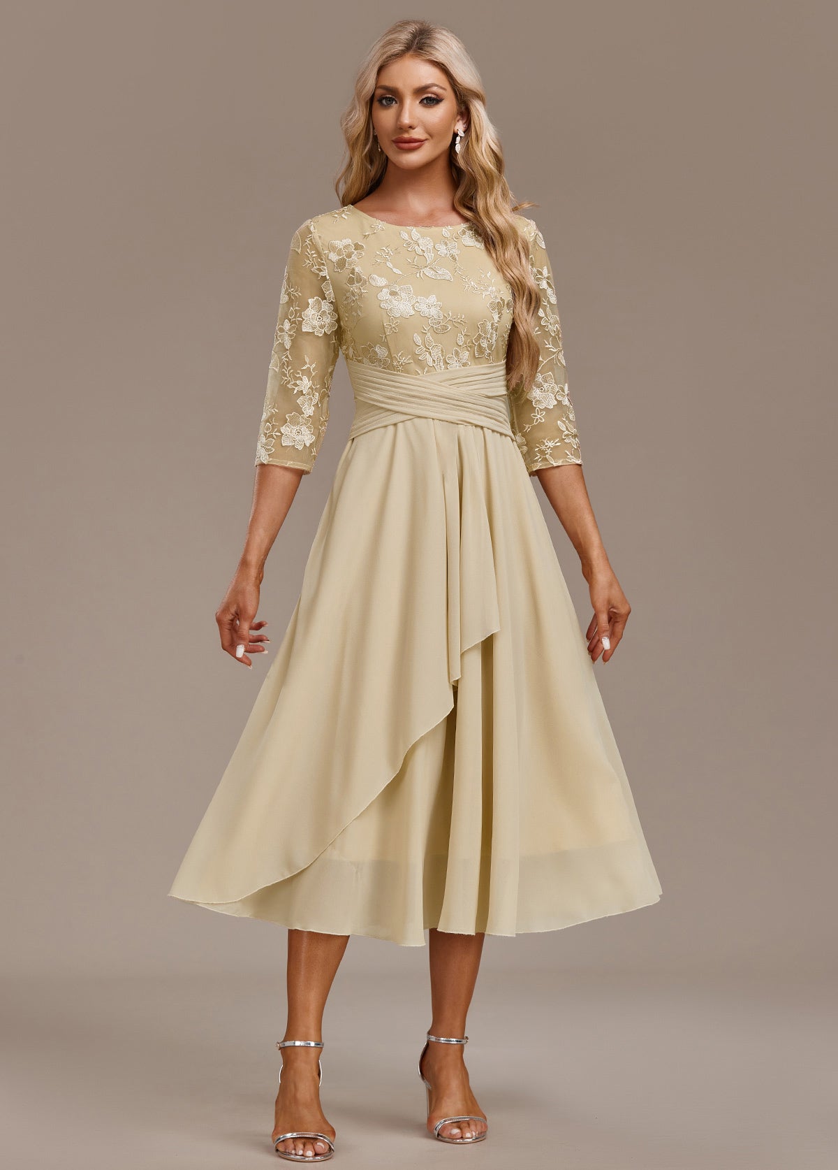 Damen Kleid | Stickerei Rundhals Midi