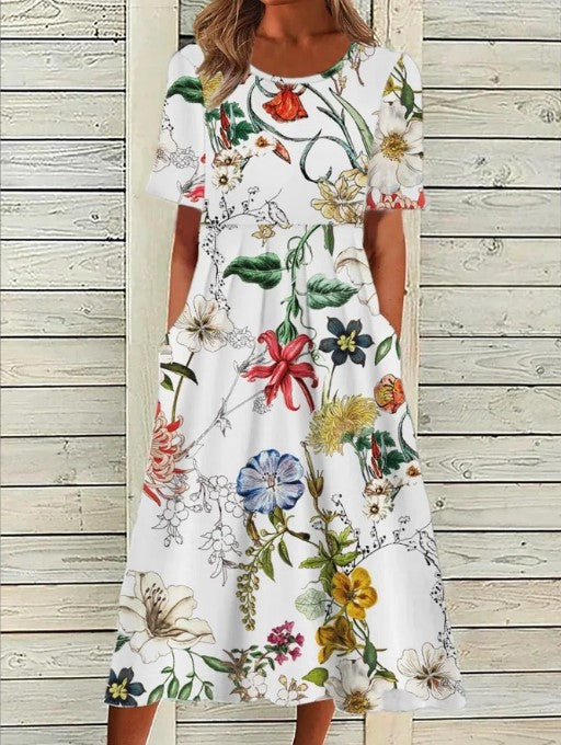 Damen Kleid | Blumenprint Kurzarm Midi