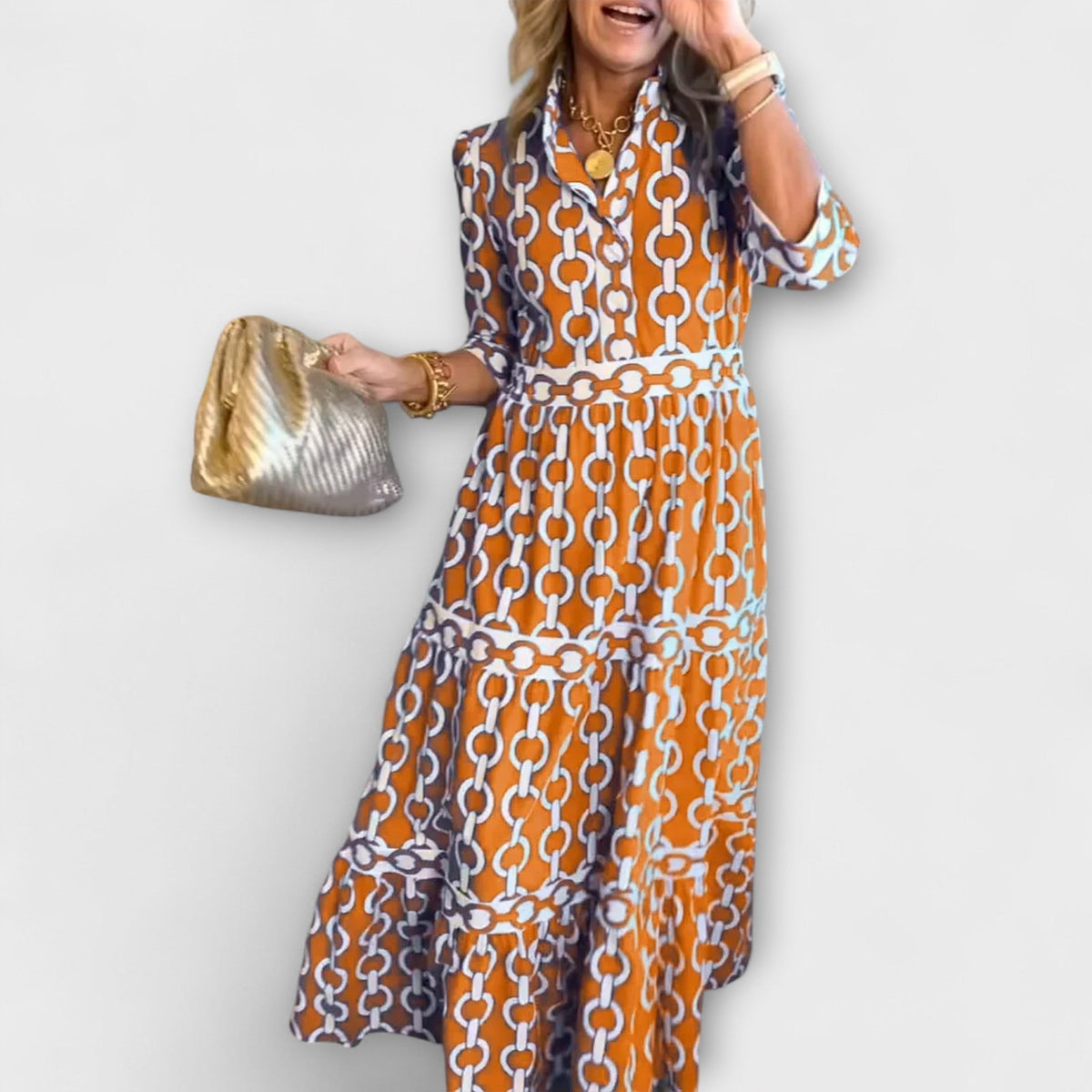 Damen Kleid | Kettenmuster 3/4-Ärmel Maxi