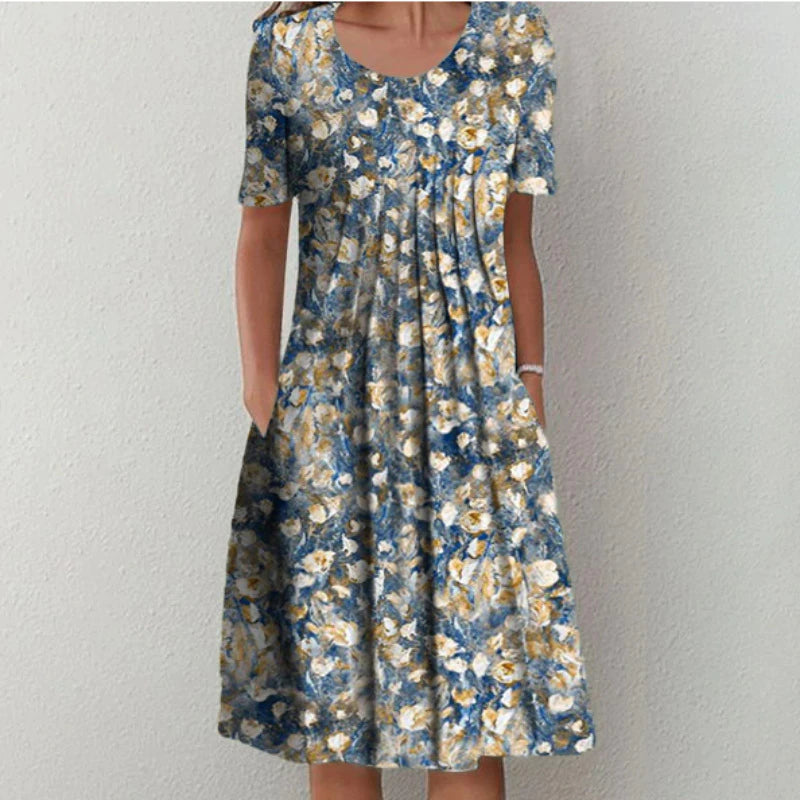 Damen Kleid | Blumenmuster Kurzarm mit Taschen