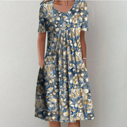 Damen Kleid | Blumenmuster Kurzarm mit Taschen