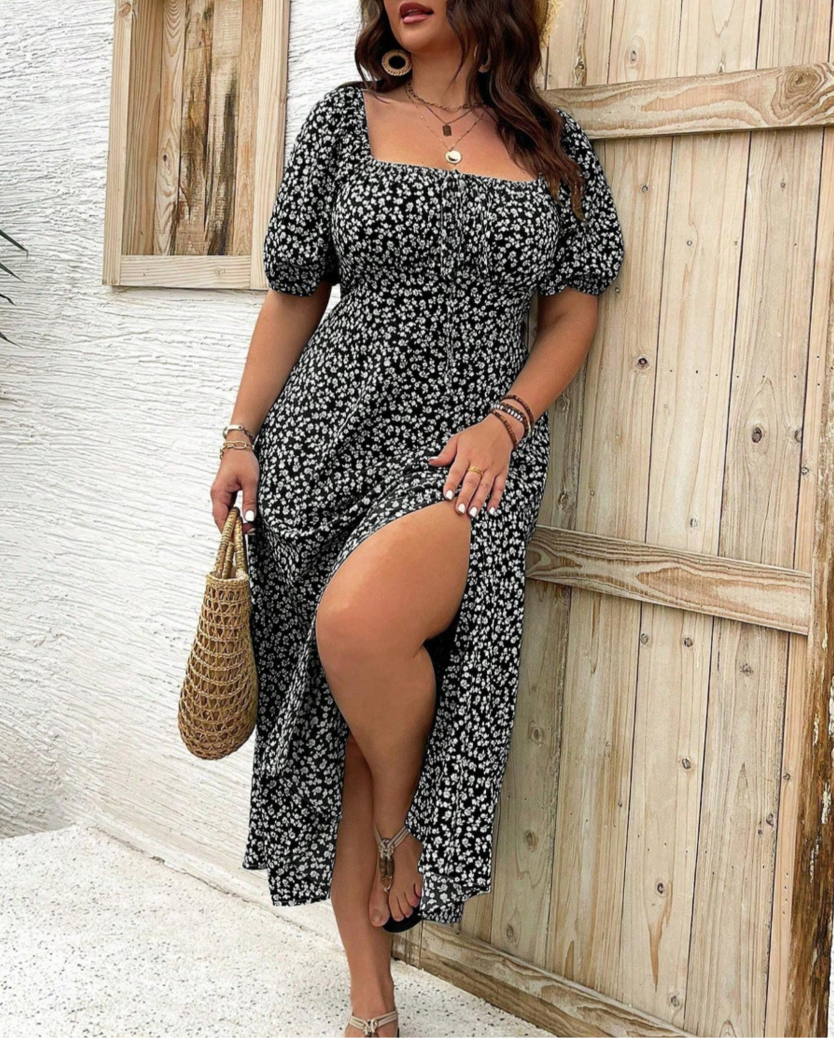 Damen Kleid | Quadratausschnitt Puffärmel Midi